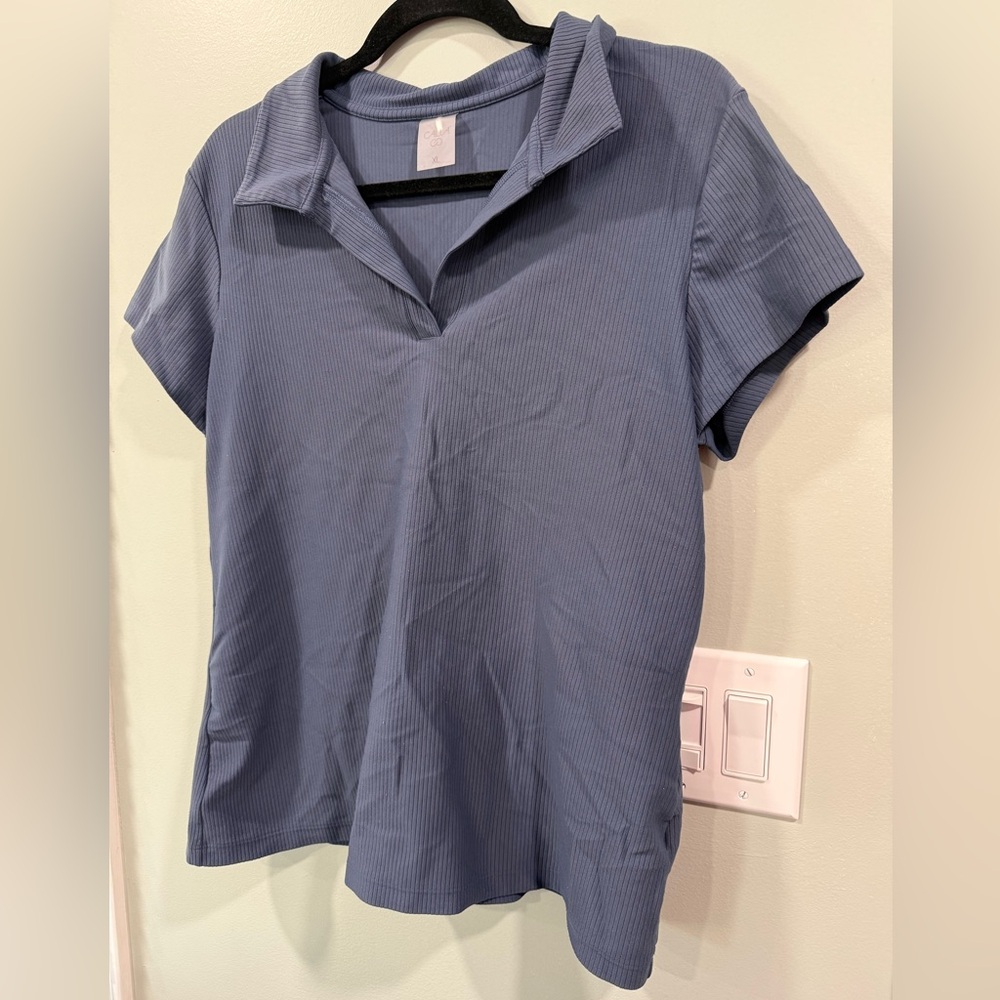 Calia by Carie Underwood Ribbed Polo-Style Top in Slate Blue
